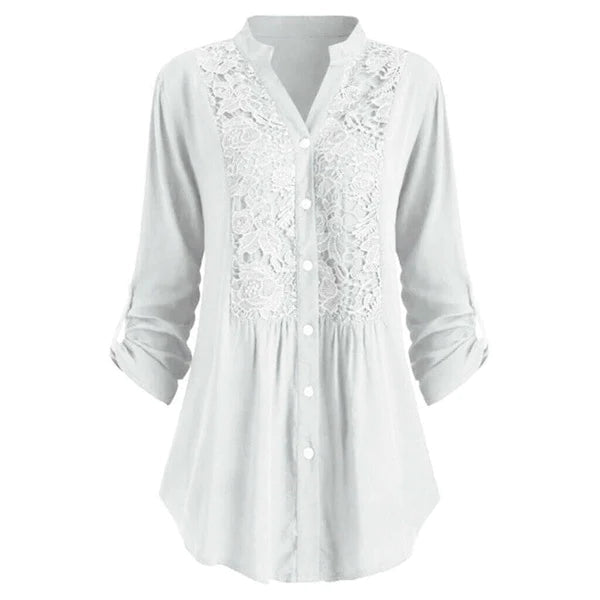 Wanda - Modischer V Ausschnitt Lange Bluse mit Puffärmeln und Knöpfen