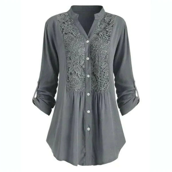 Wanda - Modischer V Ausschnitt Lange Bluse mit Puffärmeln und Knöpfen