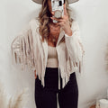 Frieda - Langärmelige überschnittene Jacke mit Reverskragen und Fransendetail