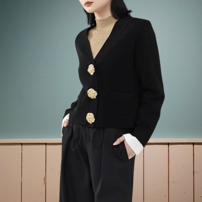 Emma - Langärmelige V Ausschnitt Gestrickte Strickjacke Mit Schaltflächen