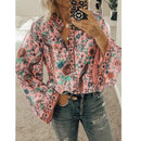 Anna - Lässiger V Ausschnitt mit Blumendruck Boho Bluse mit langen Ärmeln