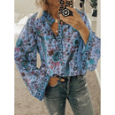 Anna - Lässiger V Ausschnitt mit Blumendruck Boho Bluse mit langen Ärmeln