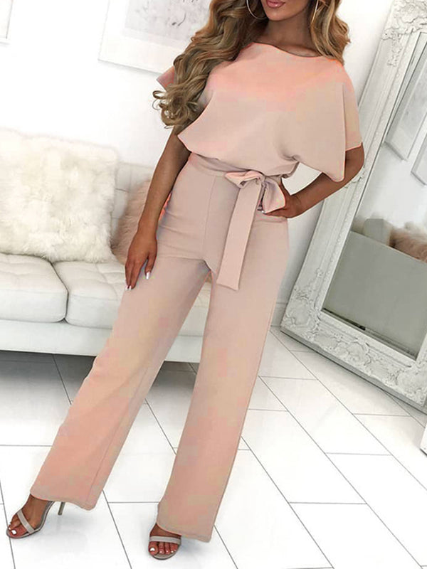 Zareen – Lässiger langer Jumpsuit mit Rüschengürtel kurzen Ärmeln und geradem Bein
