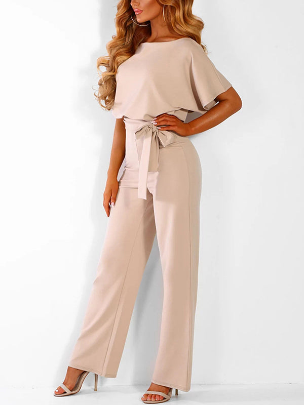 Zareen – Lässiger langer Jumpsuit mit Rüschengürtel kurzen Ärmeln und geradem Bein