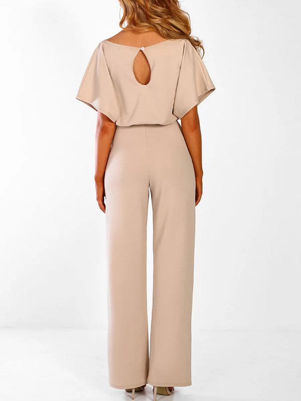 Zareen – Lässiger langer Jumpsuit mit Rüschengürtel kurzen Ärmeln und geradem Bein