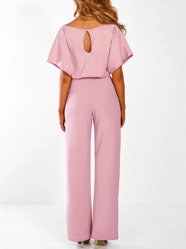 Zareen – Lässiger langer Jumpsuit mit Rüschengürtel kurzen Ärmeln und geradem Bein