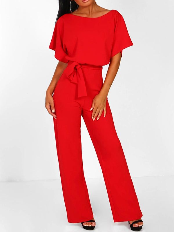 Zareen – Lässiger langer Jumpsuit mit Rüschengürtel kurzen Ärmeln und geradem Bein