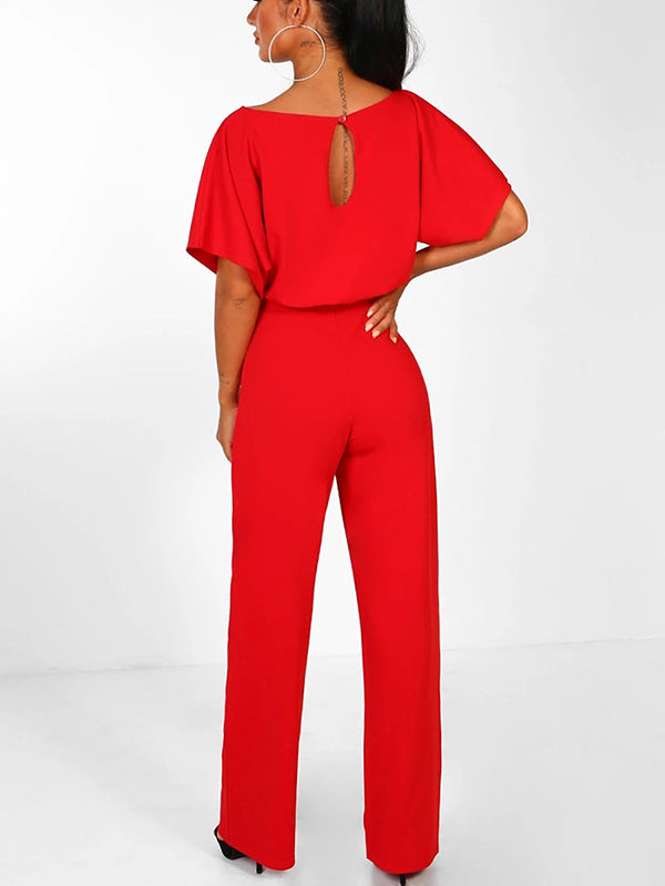 Zareen – Lässiger langer Jumpsuit mit Rüschengürtel kurzen Ärmeln und geradem Bein