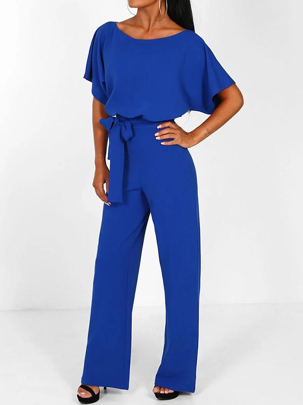 Zareen – Lässiger langer Jumpsuit mit Rüschengürtel kurzen Ärmeln und geradem Bein