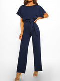 Zareen – Lässiger langer Jumpsuit mit Rüschengürtel kurzen Ärmeln und geradem Bein