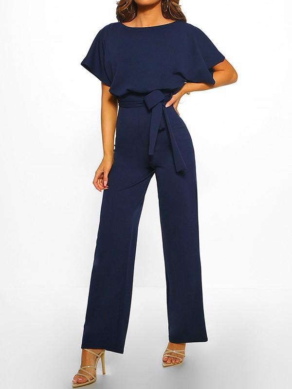 Zareen – Lässiger langer Jumpsuit mit Rüschengürtel kurzen Ärmeln und geradem Bein