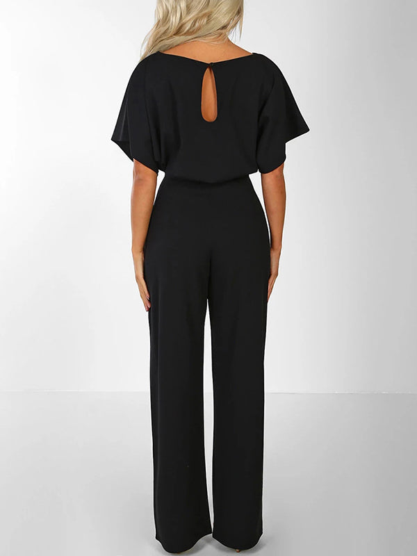Zareen – Lässiger langer Jumpsuit mit Rüschengürtel kurzen Ärmeln und geradem Bein