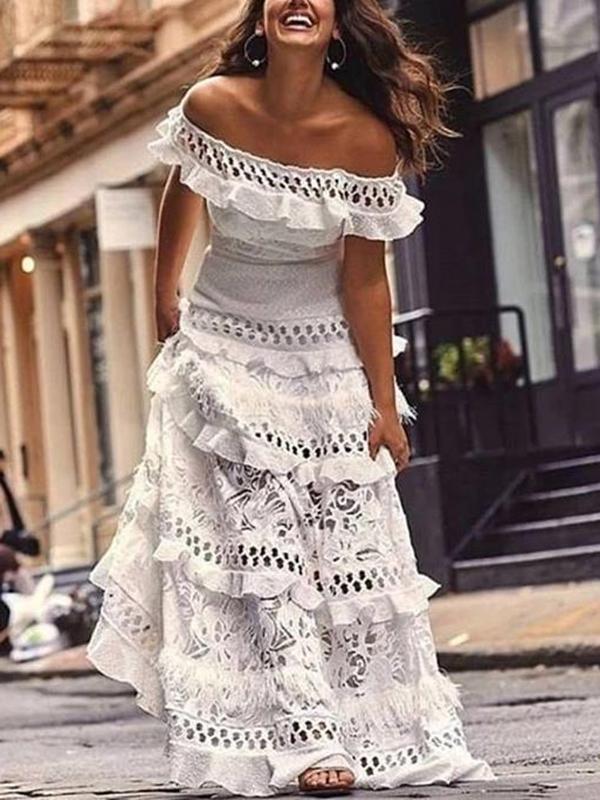 Serena – Elegantes schulterfreies Kleid mit Spitzendetails und Stufenrüschen für besondere Anlässe