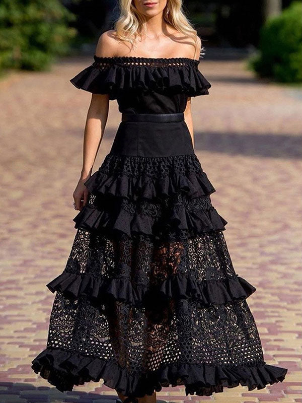 Serena – Elegantes schulterfreies Kleid mit Spitzendetails und Stufenrüschen für besondere Anlässe