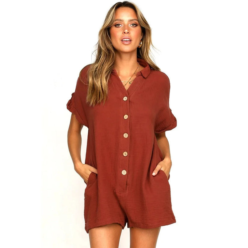 Ayleen – Lässiger Kurzarm Jumpsuit mit Knöpfen und Taschen