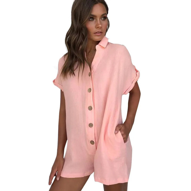 Ayleen – Lässiger Kurzarm Jumpsuit mit Knöpfen und Taschen