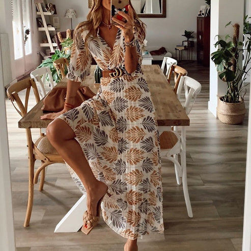 Alina - Lässiges V Ausschnitt Kleid mit hohem Taillengürtel kurzen Ärmeln und stylischem Drucken