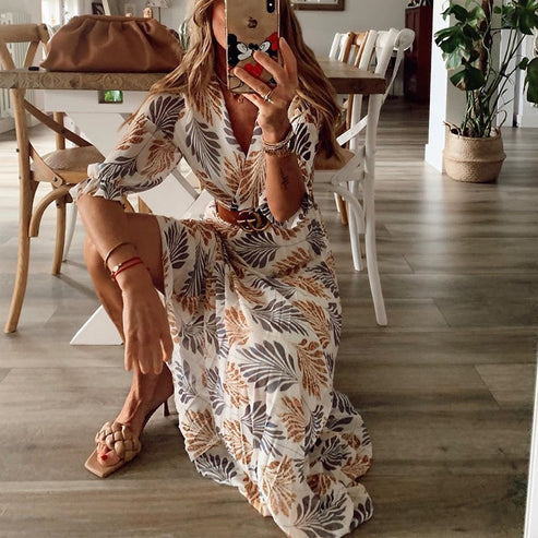 Alina - Lässiges V Ausschnitt Kleid mit hohem Taillengürtel kurzen Ärmeln und stylischem Drucken