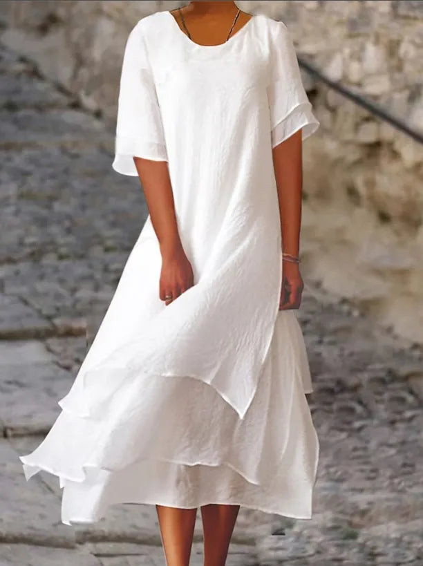 Sabine – Bequemes Doppellagiges Kleid mit Kurzarm und Rundhals