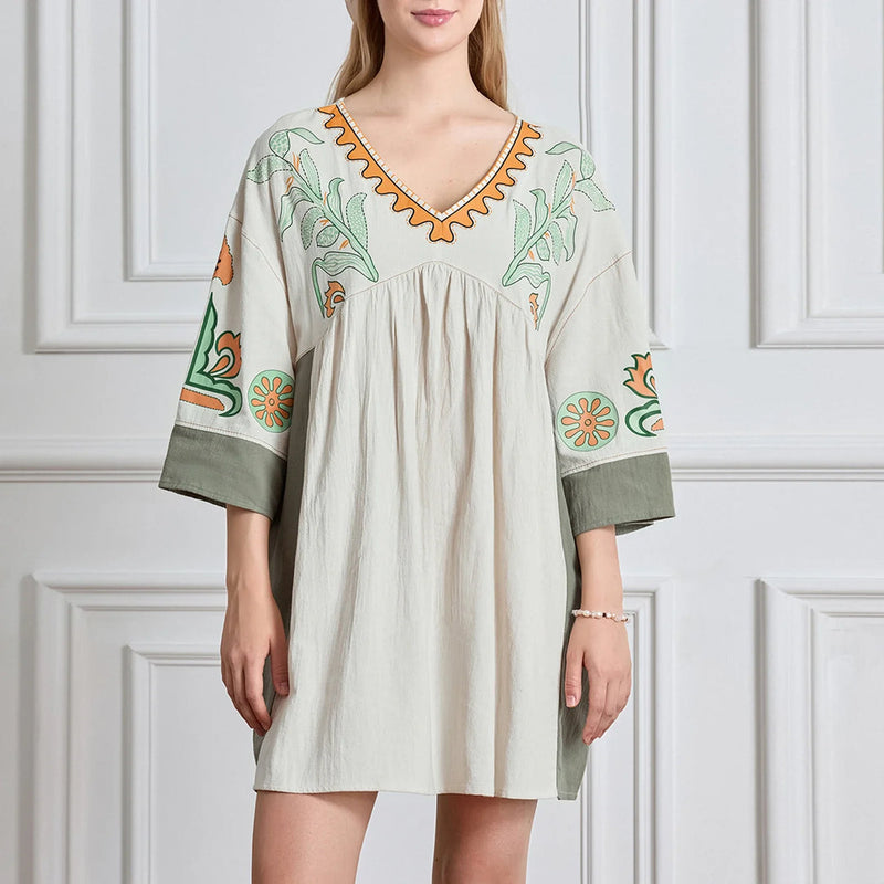 Carlotta – Lässiges Blumen Minikleid mit V Ausschnitt und langen Ärmeln