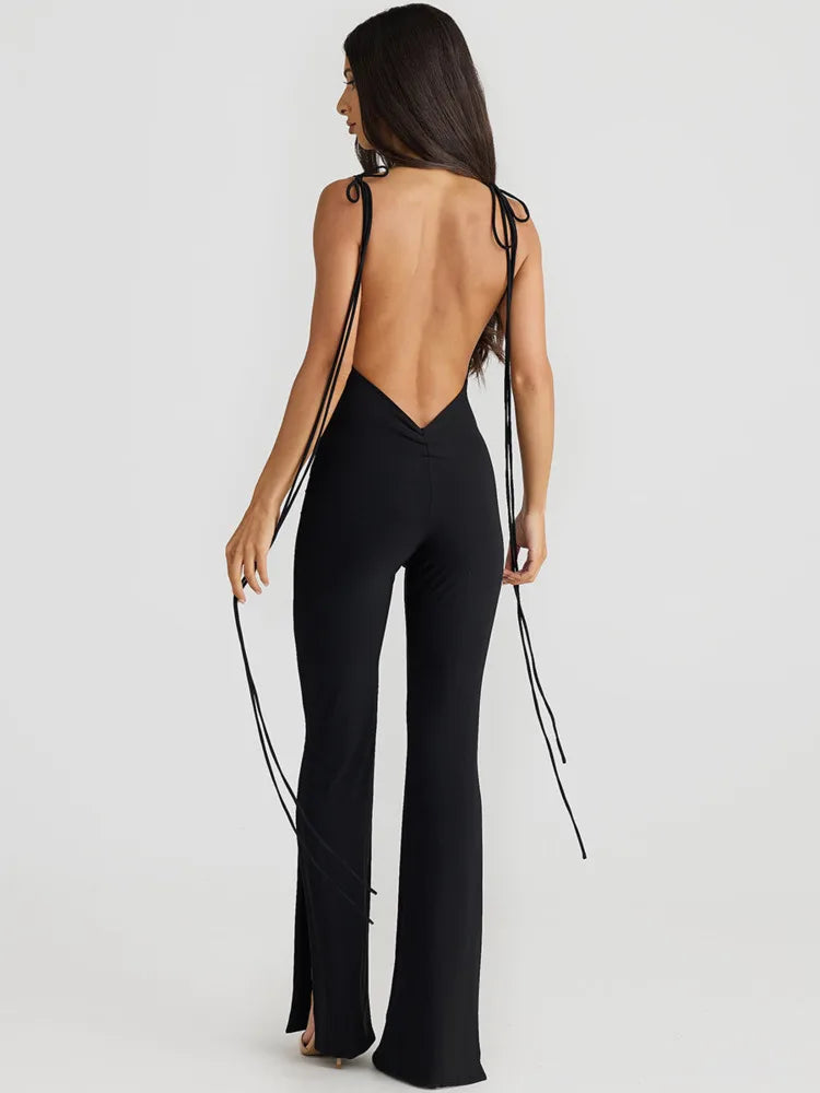 Miriam – Lässiger rückenfreier ärmelloser Jumpsuit mit Spaghettiträgern und weitem Beinschlitz