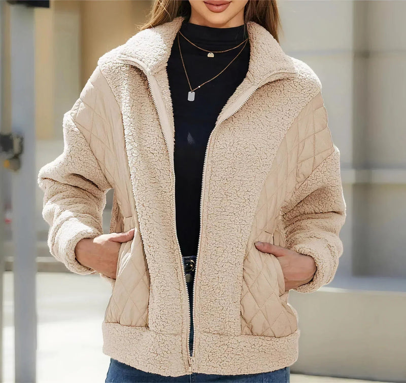 Ava - Langärmeliger Flauschig Reißverschluss Mantel Mit Taschen