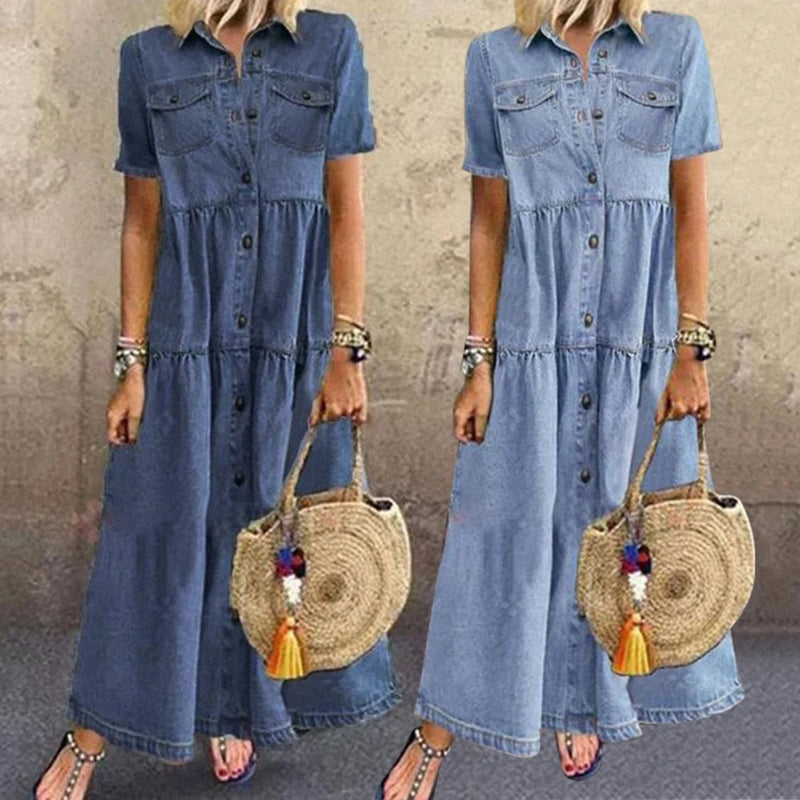 Leonie – Modisches Kurzarm Umlegekragen Kleid mit Taschen und Knöpfen