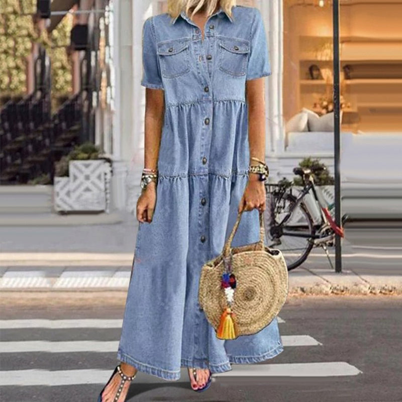 Leonie – Modisches Kurzarm Umlegekragen Kleid mit Taschen und Knöpfen