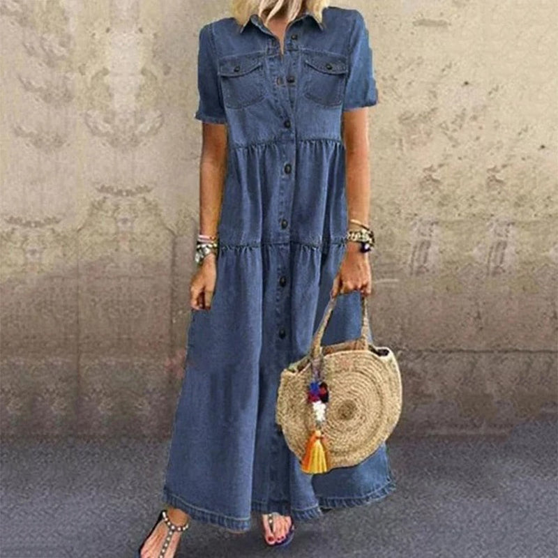 Leonie – Modisches Kurzarm Umlegekragen Kleid mit Taschen und Knöpfen