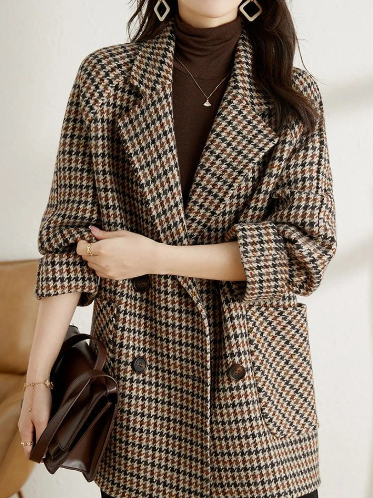Ella - Langärmelig Plaid Mantel Mit Taschen