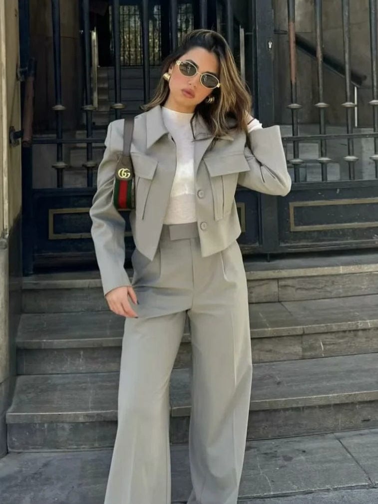 Mia - Langärmelig Taschen Blazer Mit Weites Bein Hosen Zweiteiliges Satz