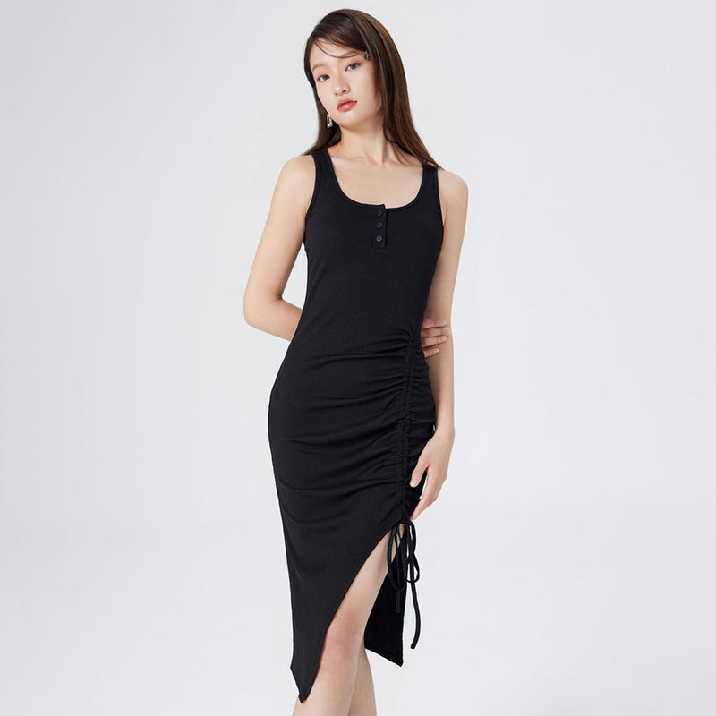 Sandra – Stylisches ärmelloses Kleid mit seitlicher Krawatte und Knöpfen
