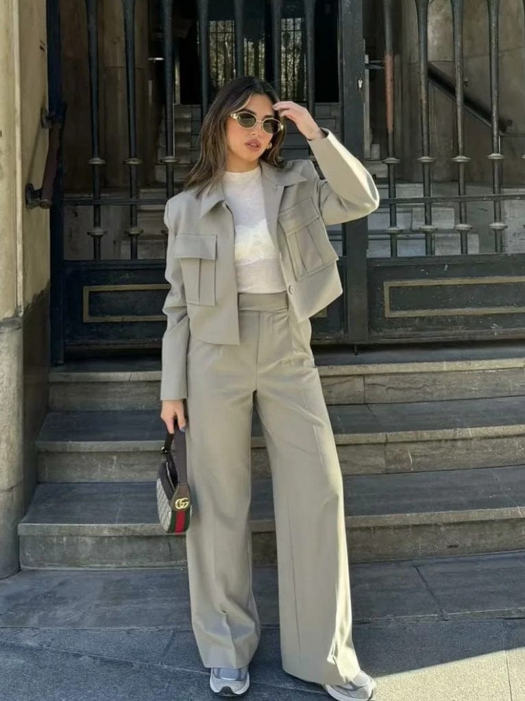 Mia - Langärmelig Taschen Blazer Mit Weites Bein Hosen Zweiteiliges Satz