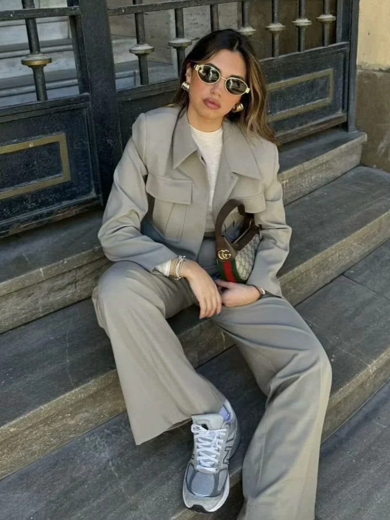 Mia - Langärmelig Taschen Blazer Mit Weites Bein Hosen Zweiteiliges Satz