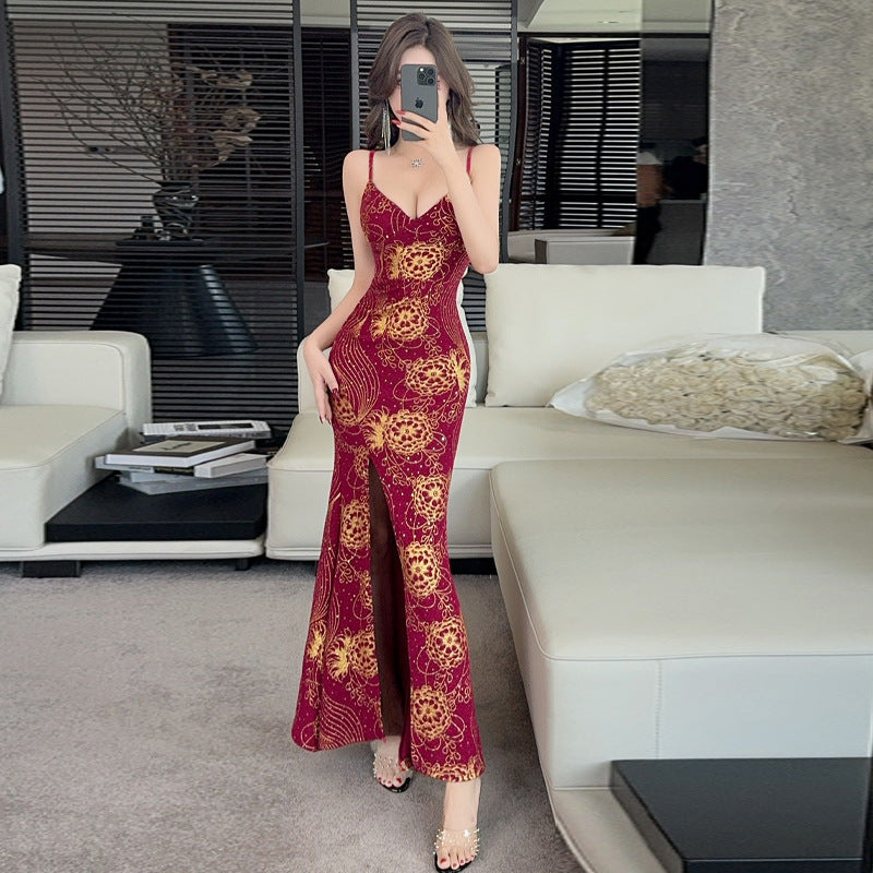 Sophia – Ärmelloses Spaghettiträgerkleid mitPrint und Seitenschlitz