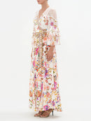 Annika – Langärmliges bedrucktes V Ausschnitt Kleid mit verstellbarer Taille