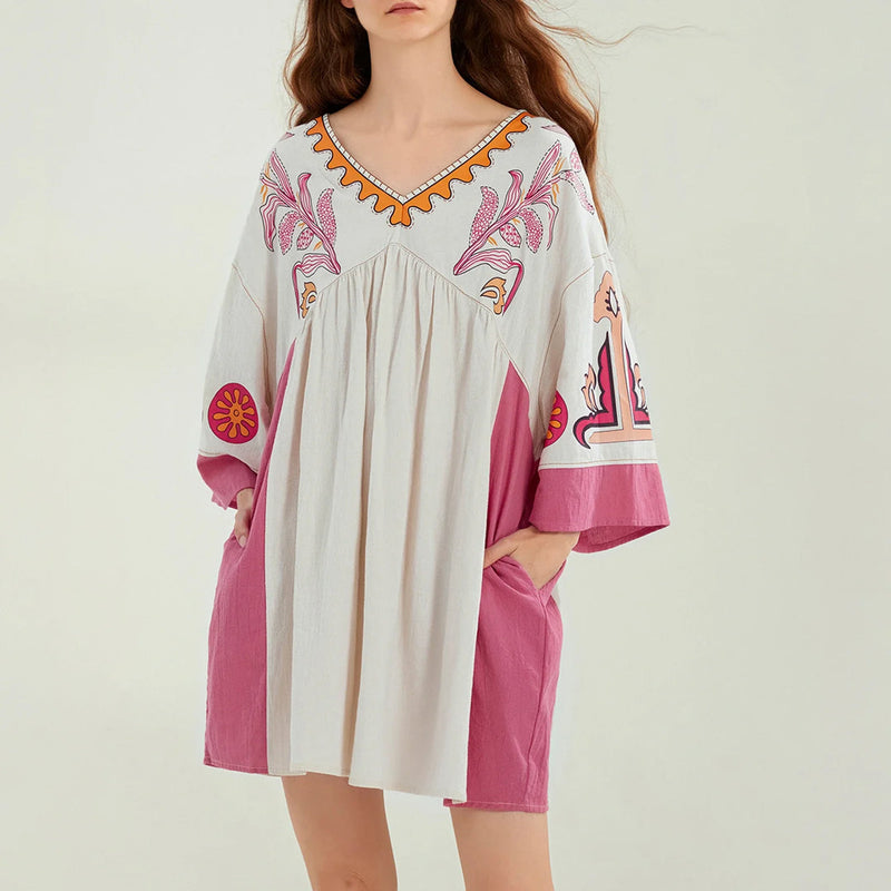 Carlotta – Lässiges Blumen Minikleid mit V Ausschnitt und langen Ärmeln