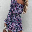 Zella - Lässiger quadratischer Kragen Blumendruck Minikleid mit langem Puffärmel