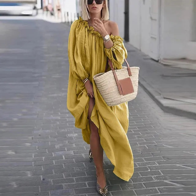 Emma - Elegantes schulterfreies Kleid mit lockerer Passform und langen Ärmeln