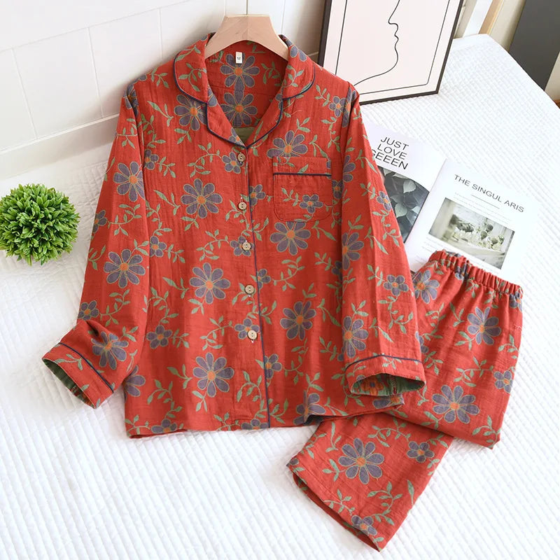 Emily – Langärmliges Pyjama Satz mit Blumendruck Knopfleiste Hemd und Taschen