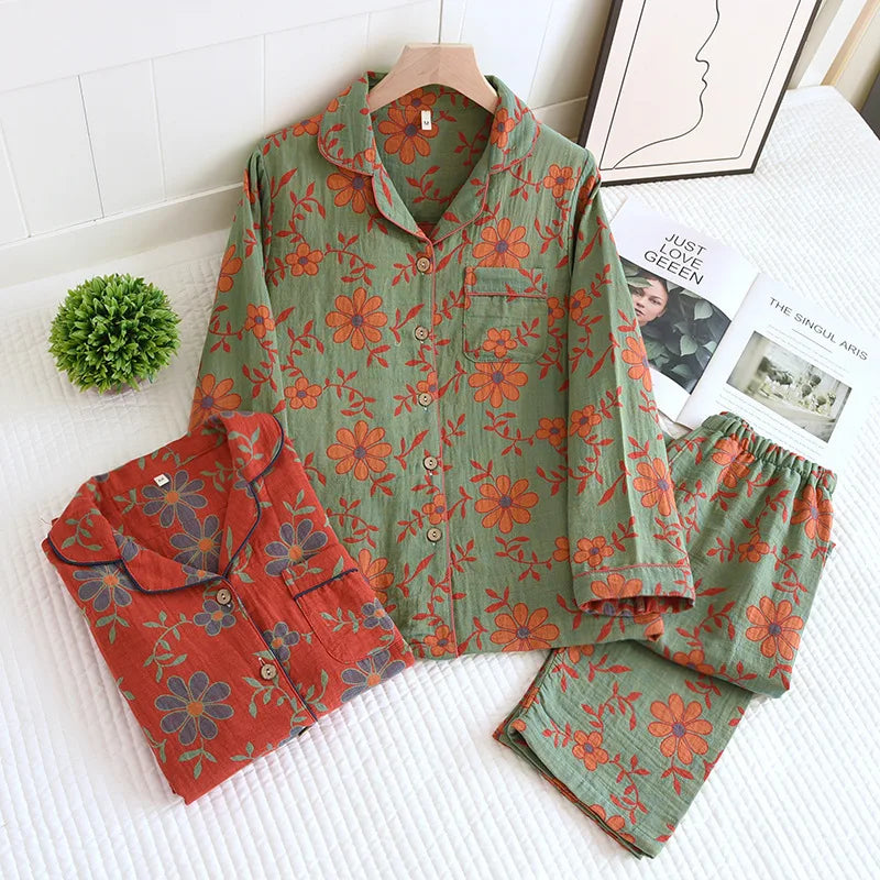 Emily – Langärmliges Pyjama Satz mit Blumendruck Knopfleiste Hemd und Taschen