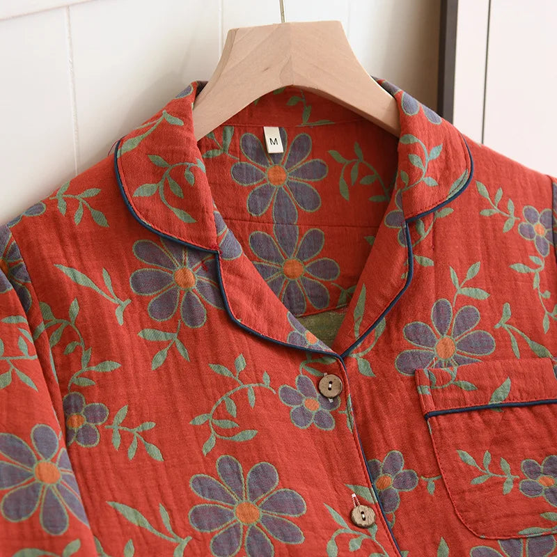 Emily – Langärmliges Pyjama Satz mit Blumendruck Knopfleiste Hemd und Taschen