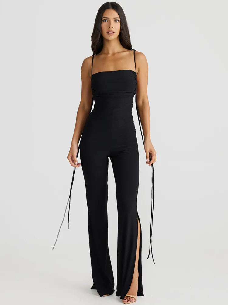 Miriam – Lässiger rückenfreier ärmelloser Jumpsuit mit Spaghettiträgern und weitem Beinschlitz