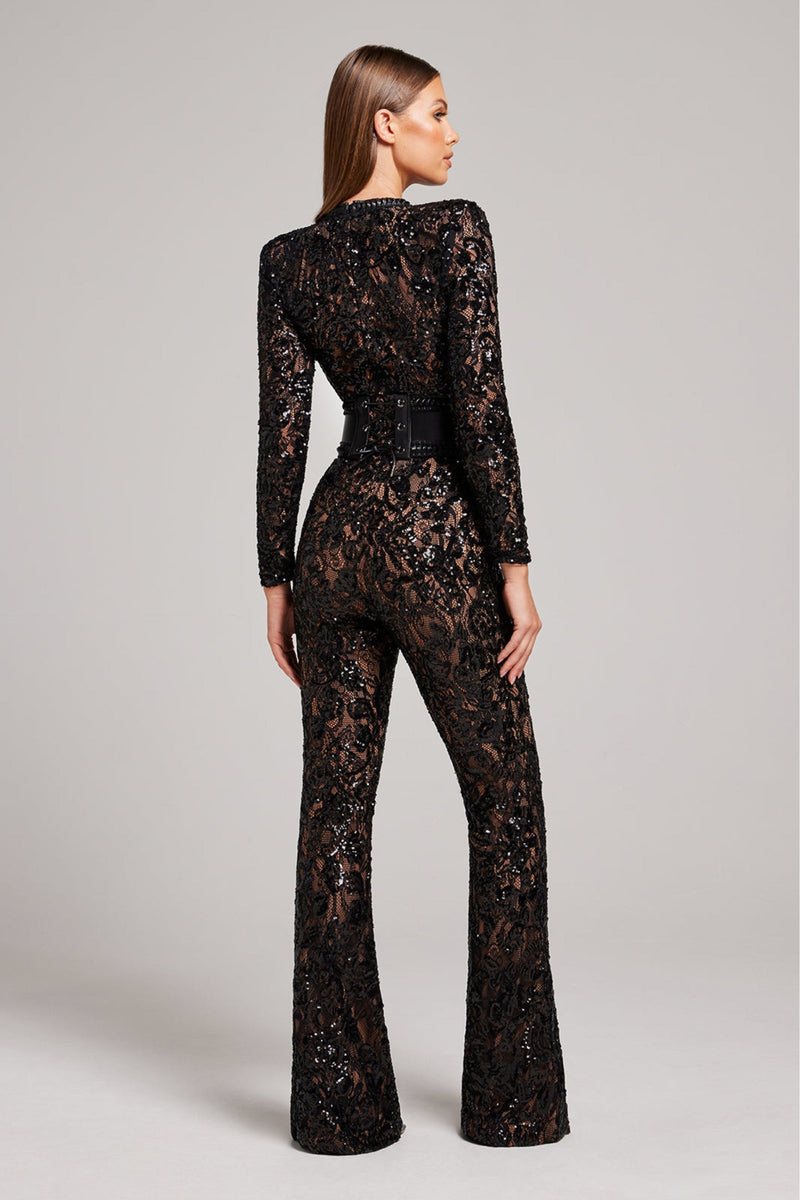 Doreen – Modischer Langarm Jumpsuit mit Rundhalsausschnitt und hohem Taillengürtel