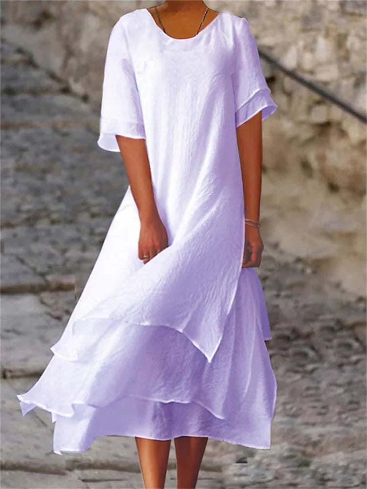 Sabine – Bequemes Doppellagiges Kleid mit Kurzarm und Rundhals