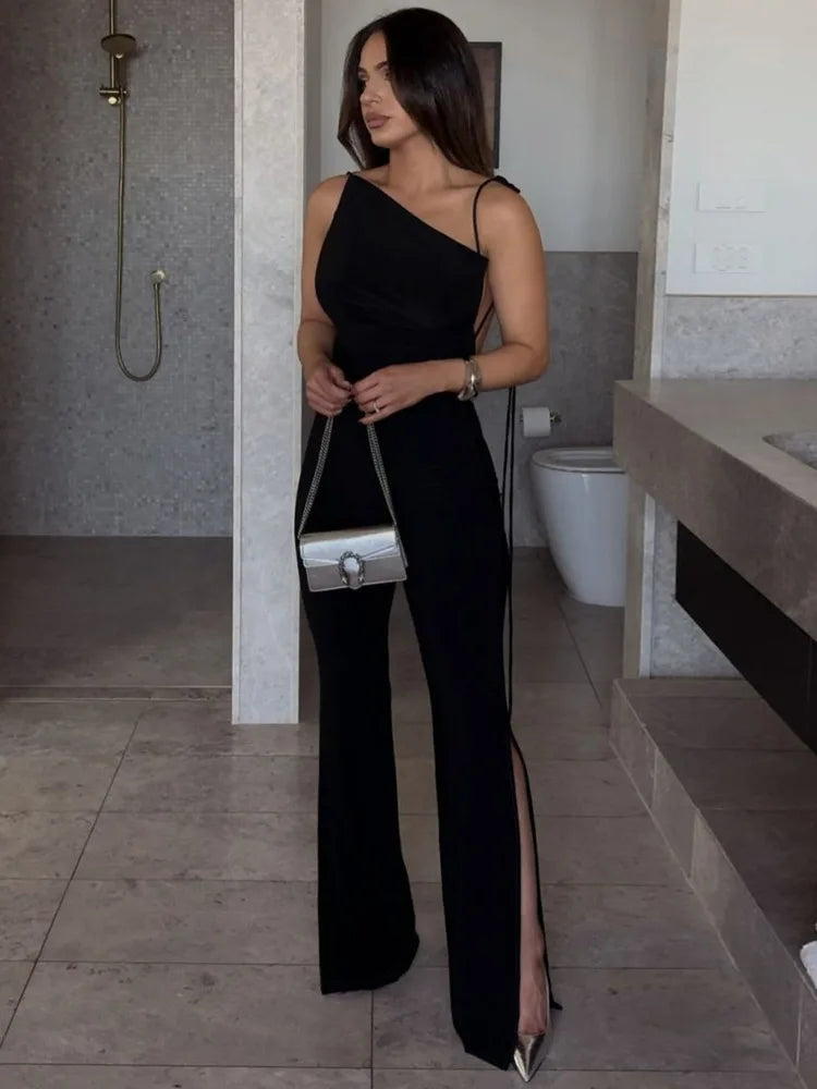 Miriam – Lässiger rückenfreier ärmelloser Jumpsuit mit Spaghettiträgern und weitem Beinschlitz
