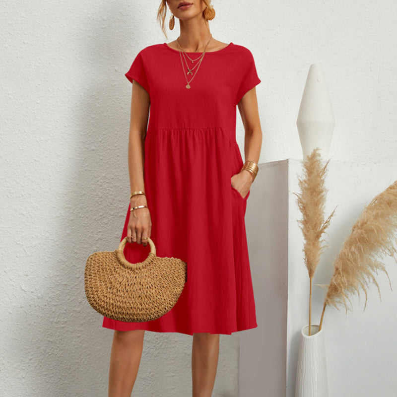 Gudrun – Leichtes knielanges Kleid mit Rundhalsausschnitt kurzen Ärmeln und Taschen