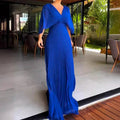 Alisa – Elegantes Plissee Longkleid mit V Ausschnitt und Fledermausärmeln