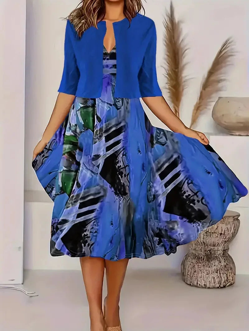 Denise – Blumendruck Midikleid mit Blazer und Kurzarm