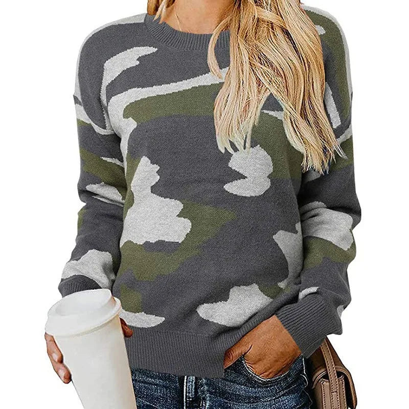 Zoe - Lässiger Langarm Rundhals Pullover mit  Camouflage Drucken